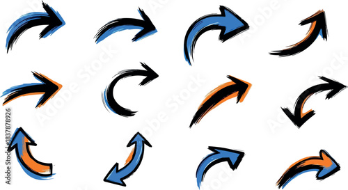 Collection of 12 handdrawn style directional arrows in blue orange and black