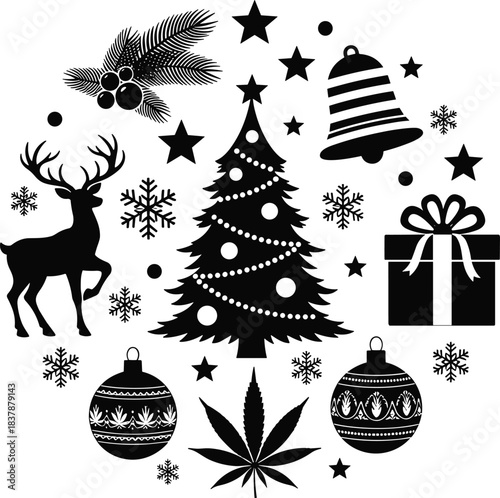 Christmas tree with cannabis ornaments, festive holiday symbols, reindeer, snowflakes, stars, gift box, bell, holly leaves, circular decorative winter composition