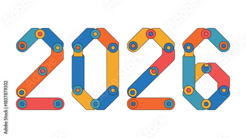 2026: The vibrant year 2026 takes shape in a dynamic design of interconnected parts, symbolizing forward progress, innovation, and futuristic potential.