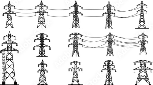 Collection of Electrical Transmission Tower Designs, High Voltage Power Line Structures, Overhead Grid Infrastructure Vector Illustration for Engineering, Energy, Utility Education