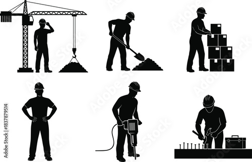 Construction worker silhouettes performing diverse tasks, tower crane lifting industrial safety icons