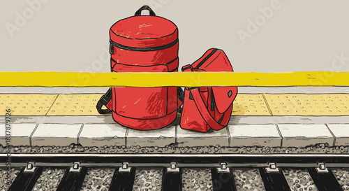 A vibrant red backpack and a matching shoulder bag sit patiently on a textured train station platform, awaiting an imminent journey.