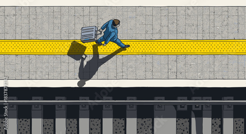 An overhead view of a lone businessman walking along a train platform with his luggage, casting a long shadow, illustrating urban travel and daily commute.
