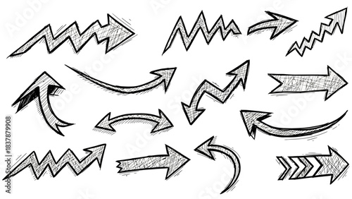 Collection of black and white handdrawn sketchy arrows in various shapes