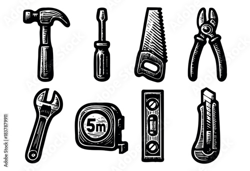 Set of tools for repair and construction in vintage black and white etching style — stock vector.