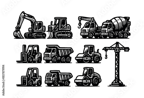 Collection of construction equipment in black and white line art style, including an excavator, bulldozer, crane, and other heavy machinery — stock illustration.