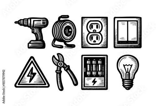Set of electrician tools and safety icons in a woodcut style — stock vector.