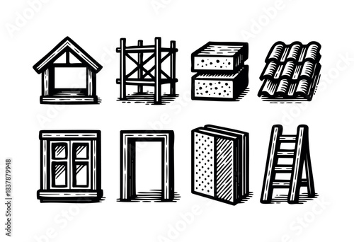 A set of hand-drawn construction elements including a house frame, scaffolding, bricks, roof tiles, window, door, siding, and ladder — stock illustration.