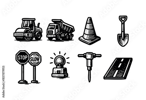 Roadwork equipment and signs are shown in a black and white sketch — stock vector.