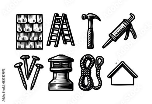 A collection of simple black and white illustrations featuring roofing shingles, ladder, hammer, sealant gun, nails, screw, rope, and flashing — stock vector.