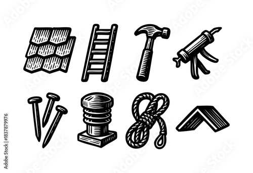 A collection of simple black and white illustrations featuring roofing shingles, ladder, hammer, sealant gun, nails, screw, rope, and flashing — stock vector.