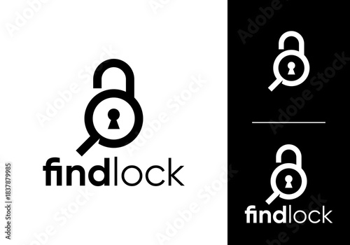 magnifying glass with padlock logo. find keyhole security technology design concept