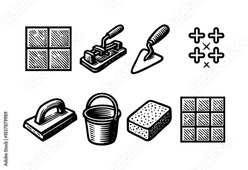 Set of various tools for tiling work, including trowel, sponge, and bucket in a monochrome style — stock vector.