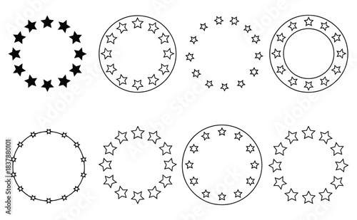 Collection of elegant star border designs perfect for creating patriotic emblems, modern awards, or decorative circular frames