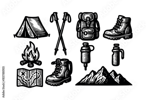 Black and white vector illustration features hiking and camping equipment and supplies, including a tent, poles, backpack, boots, campfire, map, water bottle, and mountains — stock vector.