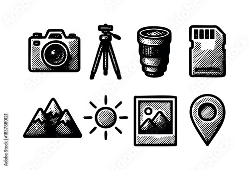 Set of doodle icons of photography equipment including camera, tripod, lens, memory card and nature symbols — stock vector.