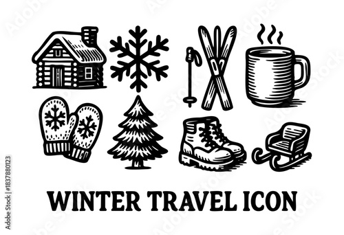 Collection of monochrome winter holiday icons including a log cabin, snowflake, skis, mug, mittens, tree, boots, and sled — stock vector.
