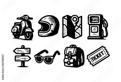 Set of vector illustrations featuring various road trip essentials in black and white, including a scooter, helmet, map, gas pump, road sign, sunglasses, backpack, and ticket — stock vector.