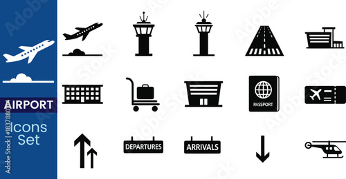 Airport Icons Set Transportation Travel Aviation Symbols airplane aircraft