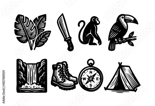 Set of adventure themed icons with tropical leaf, machete, monkey, toucan, waterfall, camping boots, compass, and tent in black and white — stock illustration.