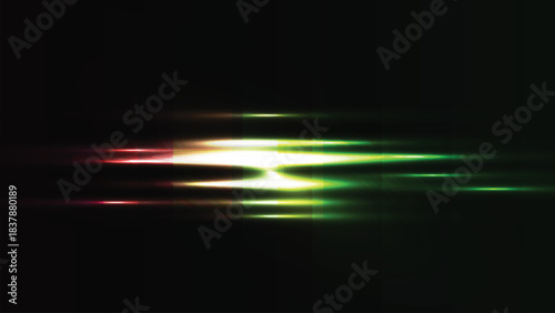 Abstract horizontal light streaks with red and green hues on a dark background, motion blur effect