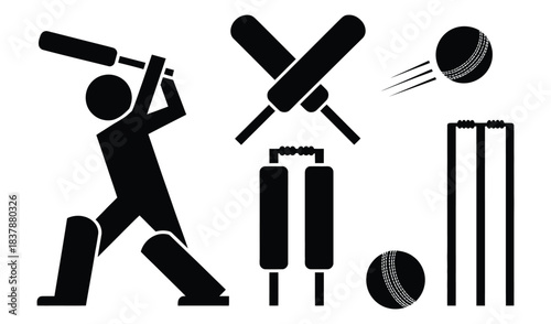 Dynamic black silhouette icons set capturing the action of cricket batting bowling and wicket keeping for sports design projects