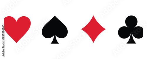 Striking minimalist icons featuring the four classic playing card suits hearts spades diamonds and clubs in bold red and black