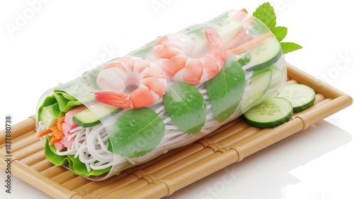 Fresh Vietnamese Spring Roll with Shrimp and Vegetables on Bamboo Mat