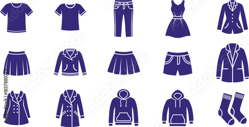 Fashion clothing collection for women including dress, jacket, shirt, and pants silhouette design vector illustration set