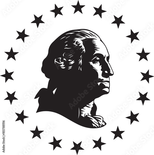 Silhouette of george washington surrounded by a ring of stars
