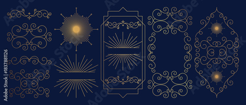 Vintage gold flourish and sunburst element vector illustration with elegant decorative lines, ornate frames, classic scroll motifs and luxury accents. Beautiful design for Christmas and Happy New Year
