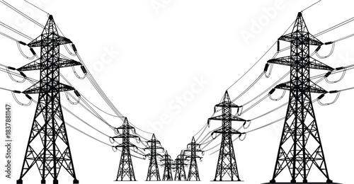 High-voltage transmission towers and power lines stretching across rural landscape, electrical grid infrastructure, energy distribution, industrial pylons, long-distance electricity transmission