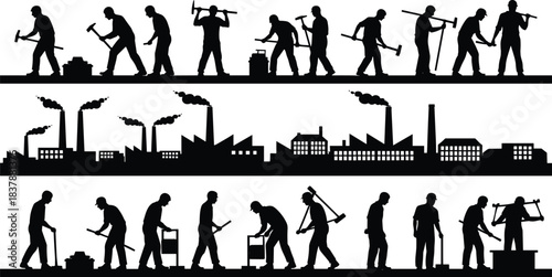 Industrial labor silhouettes, factory skyline with chimneys, construction workers using tools, manual workforce, manufacturing industry, hardhat silhouettes, vintage vector scene