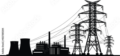 Industrial power plant and high-voltage transmission towers silhouette, electricity infrastructure vector illustration, energy generation and distribution concept, utility grid network