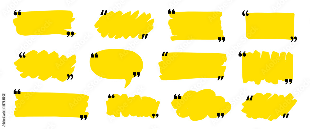 Obraz premium Text box frame set with quotation mark. Hand drawn marker brush stroke text speech message frame background. Quotation mark dialog speech, square, chat banner design template. Vector illustration