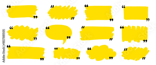 Text box frame set with quotation mark. Hand drawn marker brush stroke text speech message frame background. Quotation mark dialog speech, square, chat banner design template. Vector illustration