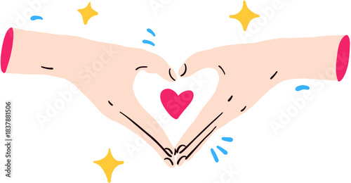 Cute Hand Heart Gestures Illustration, Finger Heart and Love Sign, Kawaii Romantic Hands With Pink Heart and Sparkles, Isolated