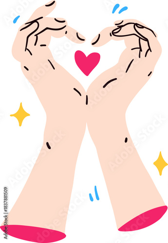 Cute Hand Heart Gestures Illustration, Finger Heart and Love Sign, Kawaii Romantic Hands With Pink Heart and Sparkles, Isolated