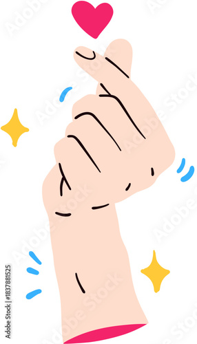 Cute Hand Heart Gestures Illustration, Finger Heart and Love Sign, Kawaii Romantic Hands With Pink Heart and Sparkles, Isolated