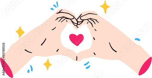 Cute Hand Heart Gestures Illustration, Finger Heart and Love Sign, Kawaii Romantic Hands With Pink Heart and Sparkles, Isolated