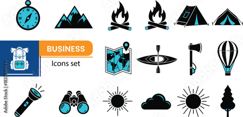 Black vector icon set of summer travel and camping symbols for web design
