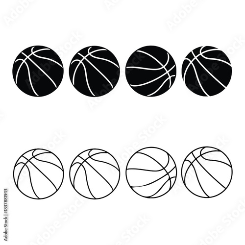 Black and white basketball illustrations in a row different styles displayed