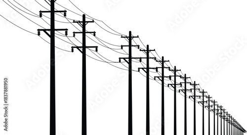 Power line utility poles receding into distance, electrical infrastructure symmetry, transmission lines perspective, rural industrial landscape, minimalist vector illustration for design