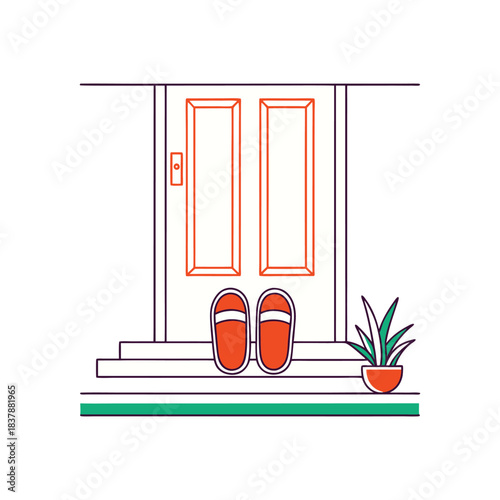 Welcome Home Illustration of a Doorway with Slippers and Plant