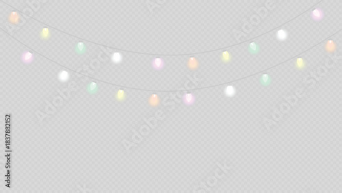 String of pastel colored fairy lights hanging in an arc, isolated on white background