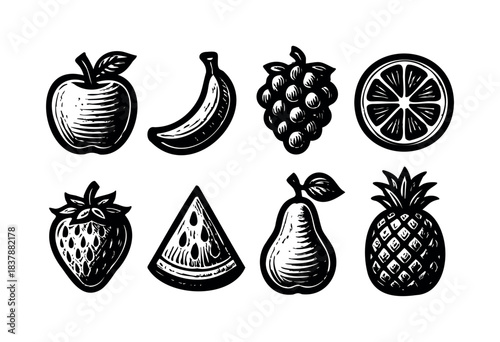 A collection of hand-drawn fruit including an apple, banana, grapes, orange, strawberry, watermelon, pear, and pineapple isolated on white — stock vector.