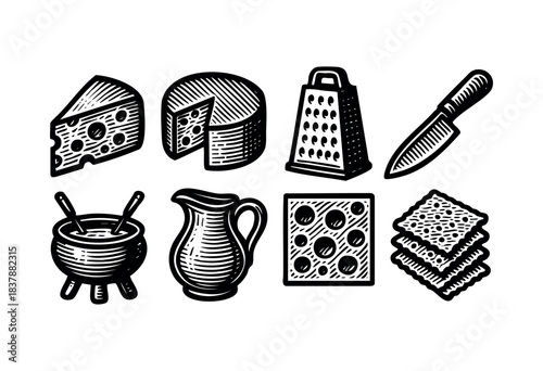 A rustic, monochrome illustration shows cheese, a cheese grater, a knife, a fondue pot, a milk pitcher, and crackers, embodying a classic cheese fondue setup — stock illustration.