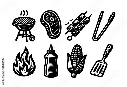 Collection of grilling and barbecue icons in a hand-drawn style — stock vector.