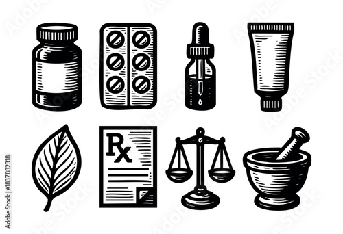 Black and white vector illustration of pharmaceutical and medical icons including pills, prescription, scale, and mortar and pestle — stock vector.