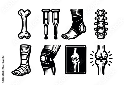 Black and white icons depict various orthopedic injuries, including a broken bone, spinal injury, and joint pain — stock illustration.
